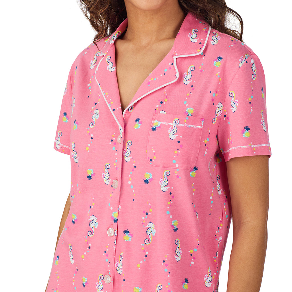Pink Seahorse;Model is wearing size S. She is 5’9”, Bust 34”, Waist 23”, Hips 35”. @A lady wearing Cotton-Blend Short Sleeve Notch Collar with Cropped Pant Pajama Set