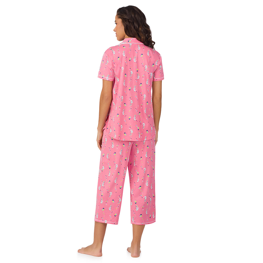 Pink Seahorse;Model is wearing size S. She is 5’9”, Bust 34”, Waist 23”, Hips 35”. @A lady wearing Cotton-Blend Short Sleeve Notch Collar with Cropped Pant Pajama Set