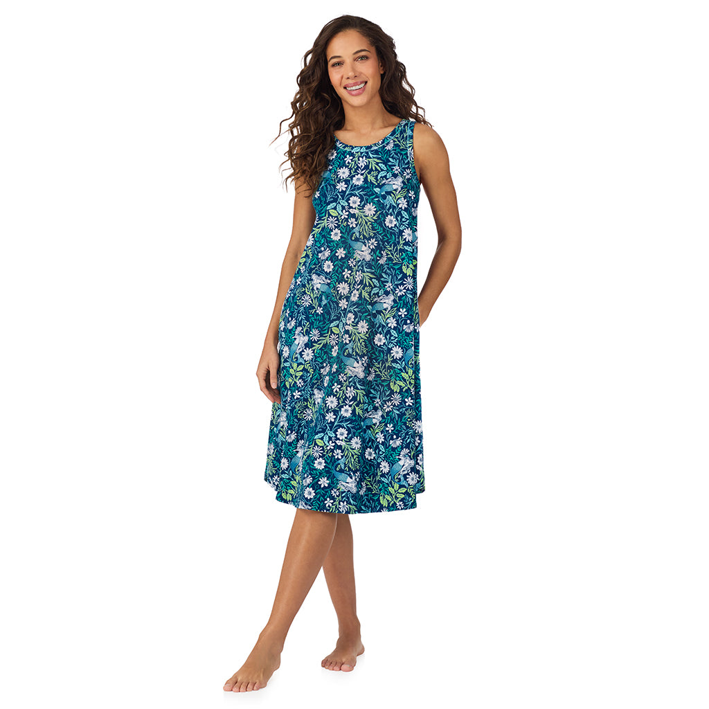 Mermaid Floral;Model is wearing size S. She is 5’9”, Bust 34”, Waist 23”, Hips 35”.@A lady wearing Cotton-Blend Sleeveless Sleep Midi-Gown
