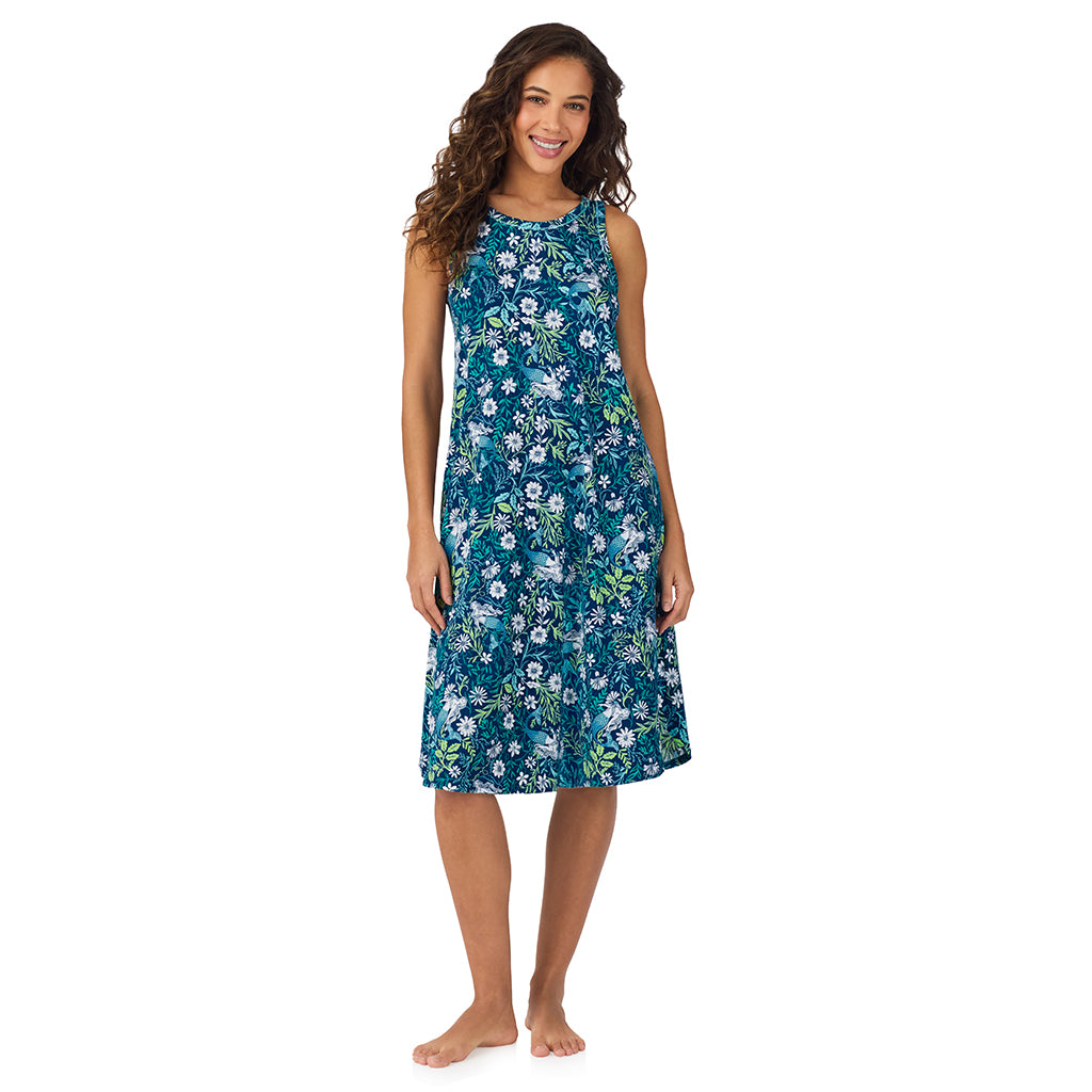 Mermaid Floral;Model is wearing size S. She is 5’9”, Bust 34”, Waist 23”, Hips 35”.@A lady wearing Cotton-Blend Sleeveless Sleep Midi-Gown