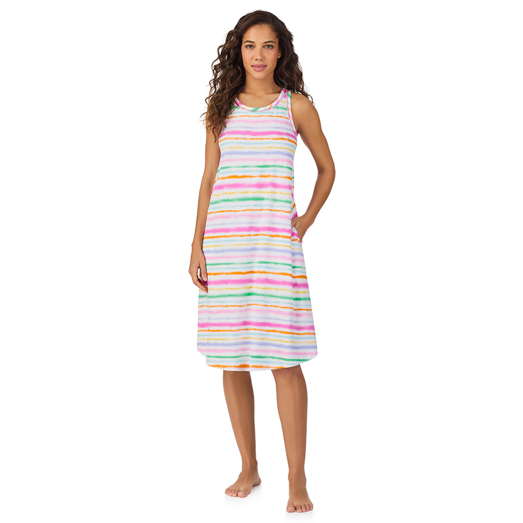 Paint Stripe;Model is wearing size S. She is 5’9”, Bust 34”, Waist 23”, Hips 35”.@A lady wearing Cotton-Blend Sleeveless Sleep Midi-Gown