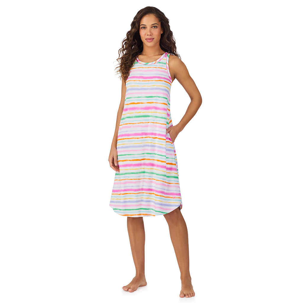 Paint Stripe;Model is wearing size S. She is 5’9”, Bust 34”, Waist 23”, Hips 35”.@A lady wearing Cotton-Blend Sleeveless Sleep Midi-Gown