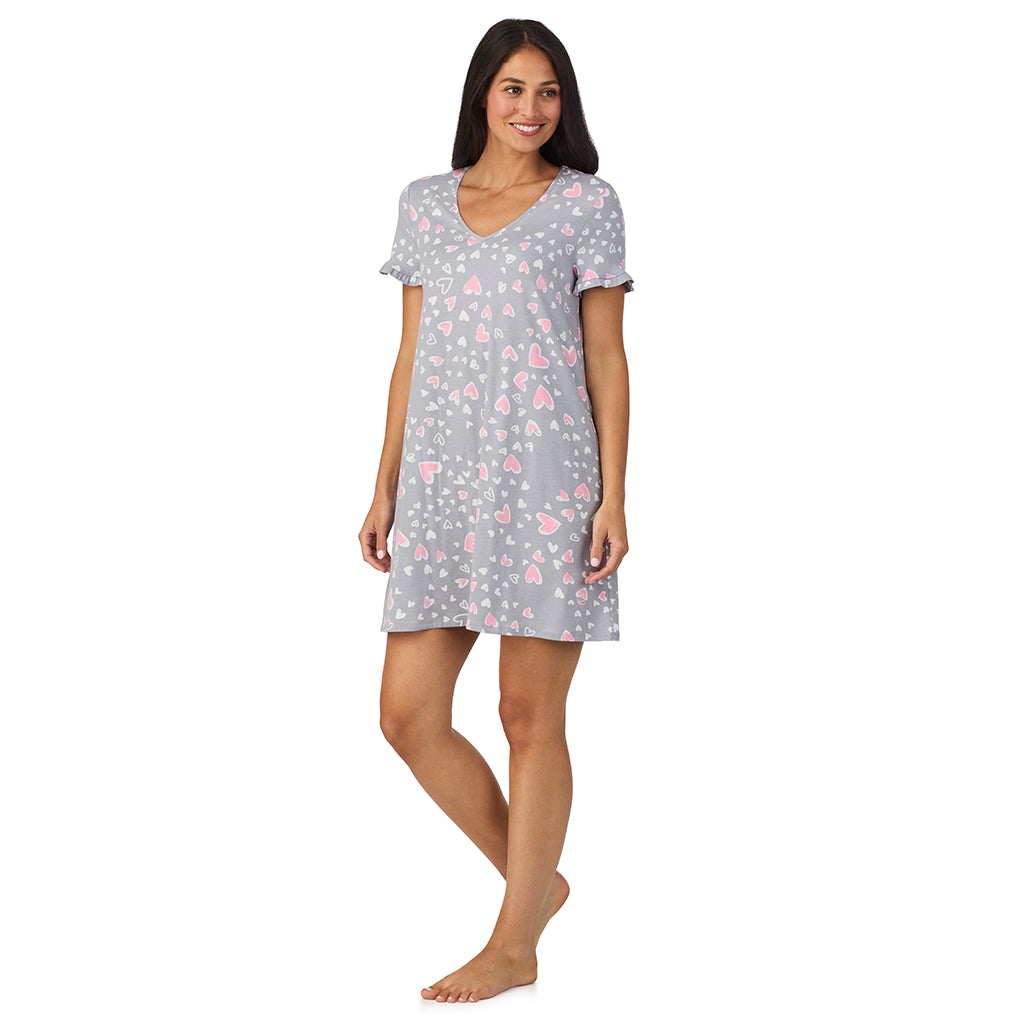 Grey Heart;Model is wearing size S. She is 5'8.5", Bust 32", Waist 25", Hips 36".@A lady wearing Cotton Rich Ruffled Short Sleeve Sleepshirt