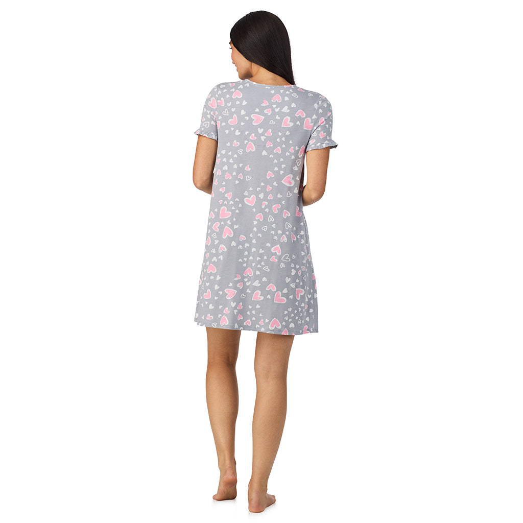 Grey Heart;Model is wearing size S. She is 5'8.5", Bust 32", Waist 25", Hips 36".@A lady wearing Cotton Rich Ruffled Short Sleeve Sleepshirt