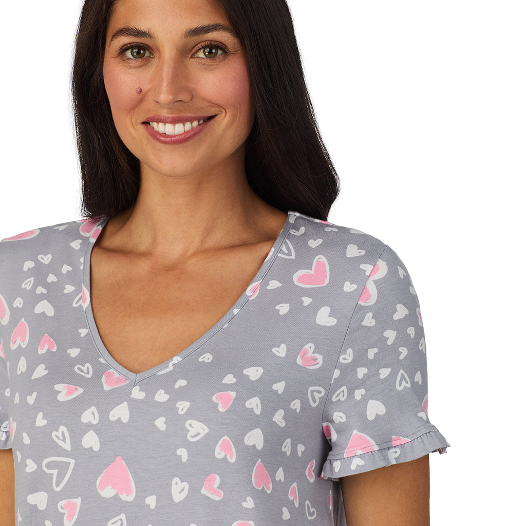 Grey Heart;Model is wearing size S. She is 5'8.5", Bust 32", Waist 25", Hips 36".@A lady wearing Cotton Rich Ruffled Short Sleeve Sleepshirt