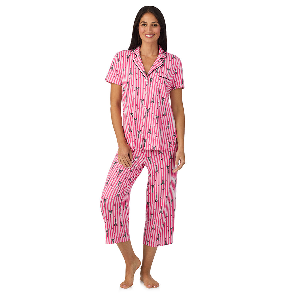 Paris Stripe;Model is wearing size S. She is 5'8.5", Bust 32", Waist 25", Hips 36".@A lady wearing Cotton Rich Short Sleeve Notch Collar Top with Cropped Pant Pajama Set