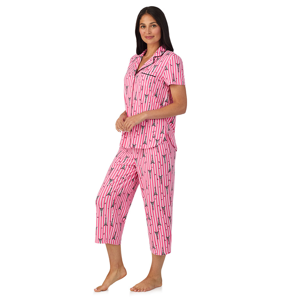 Paris Stripe;Model is wearing size S. She is 5'8.5", Bust 32", Waist 25", Hips 36".@A lady wearing Cotton Rich Short Sleeve Notch Collar Top with Cropped Pant Pajama Set