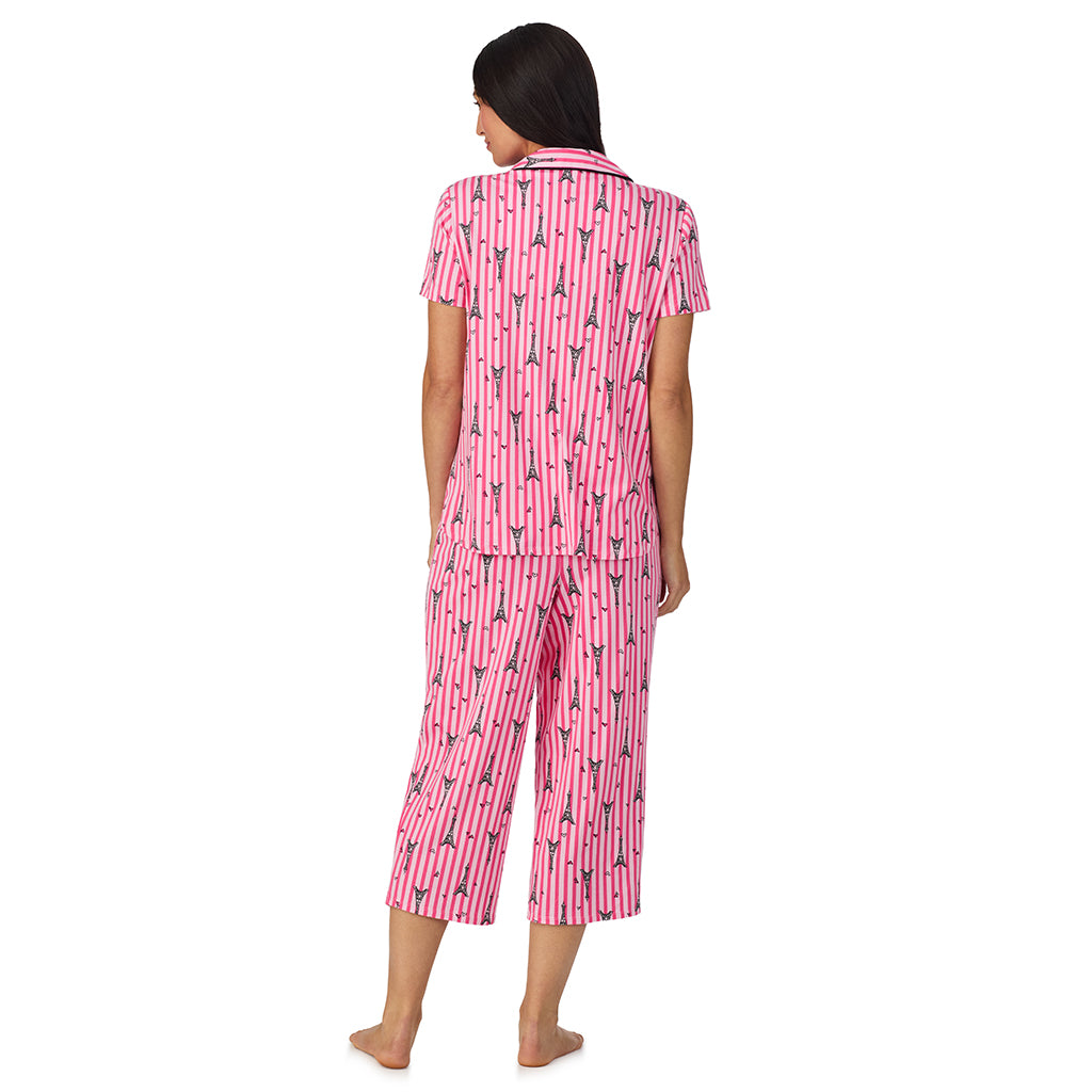 Paris Stripe;Model is wearing size S. She is 5'8.5", Bust 32", Waist 25", Hips 36".@A lady wearing Cotton Rich Short Sleeve Notch Collar Top with Cropped Pant Pajama Set
