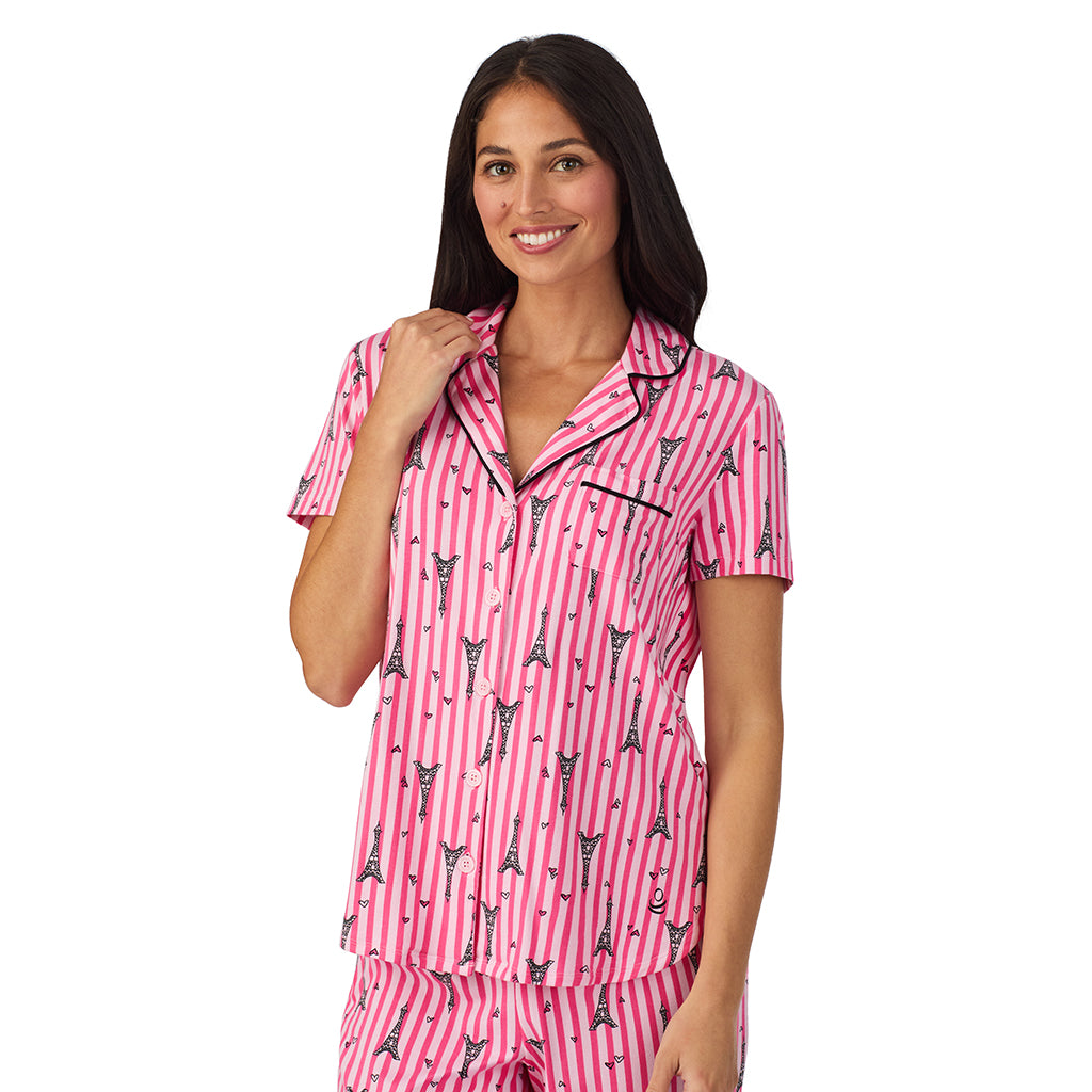 Paris Stripe;Model is wearing size S. She is 5'8.5", Bust 32", Waist 25", Hips 36".@A lady wearing Cotton Rich Short Sleeve Notch Collar Top with Cropped Pant Pajama Set