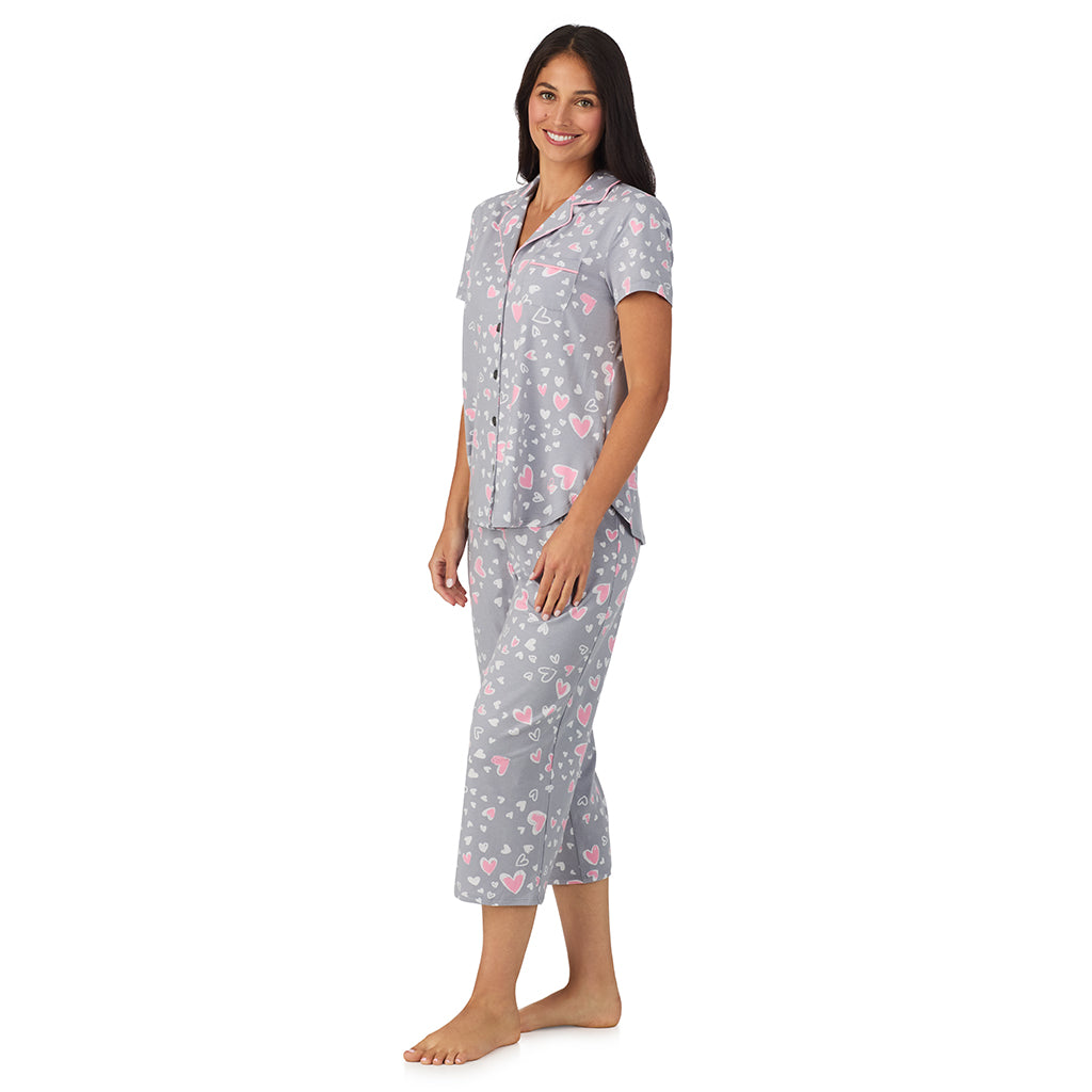 Grey Heart;Model is wearing size S. She is 5'8.5", Bust 32", Waist 25", Hips 36".@A lady wearing Cotton Rich Short Sleeve Notch Collar Top with Cropped Pant Pajama Set