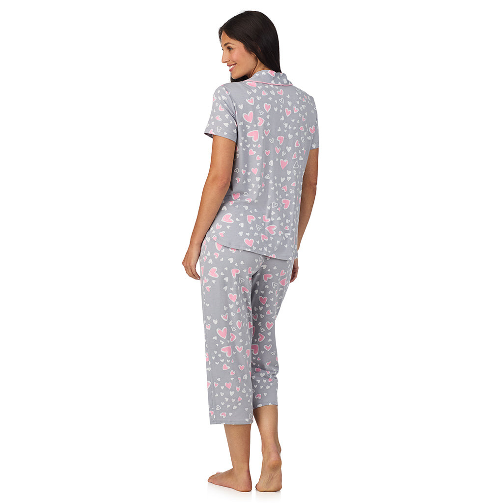 Grey Heart;Model is wearing size S. She is 5'8.5", Bust 32", Waist 25", Hips 36".@A lady wearing Cotton Rich Short Sleeve Notch Collar Top with Cropped Pant Pajama Set