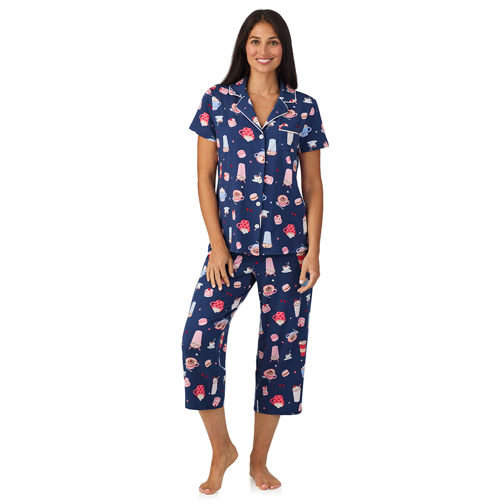 Navy Coffee;Model is wearing size S. She is 5'8.5", Bust 32", Waist 25", Hips 36".@A lady wearing Cotton Rich Short Sleeve Notch Collar Top with Cropped Pant Pajama Set