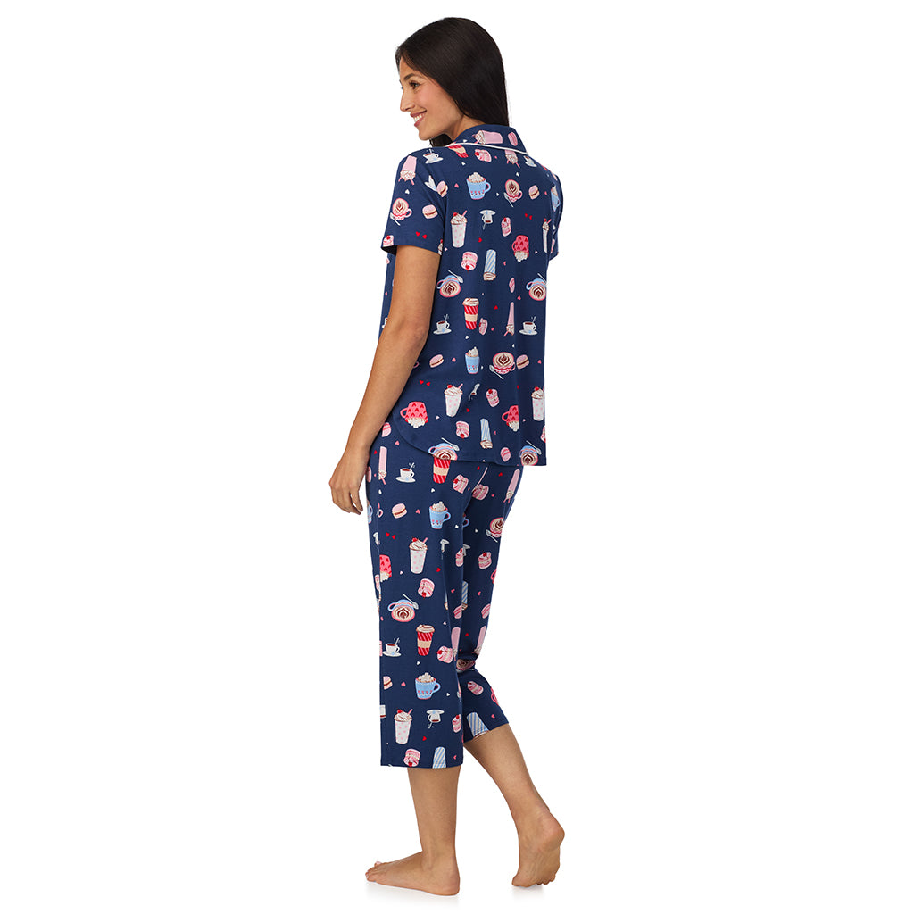 Navy Coffee;Model is wearing size S. She is 5'8.5", Bust 32", Waist 25", Hips 36".@A lady wearing Cotton Rich Short Sleeve Notch Collar Top with Cropped Pant Pajama Set