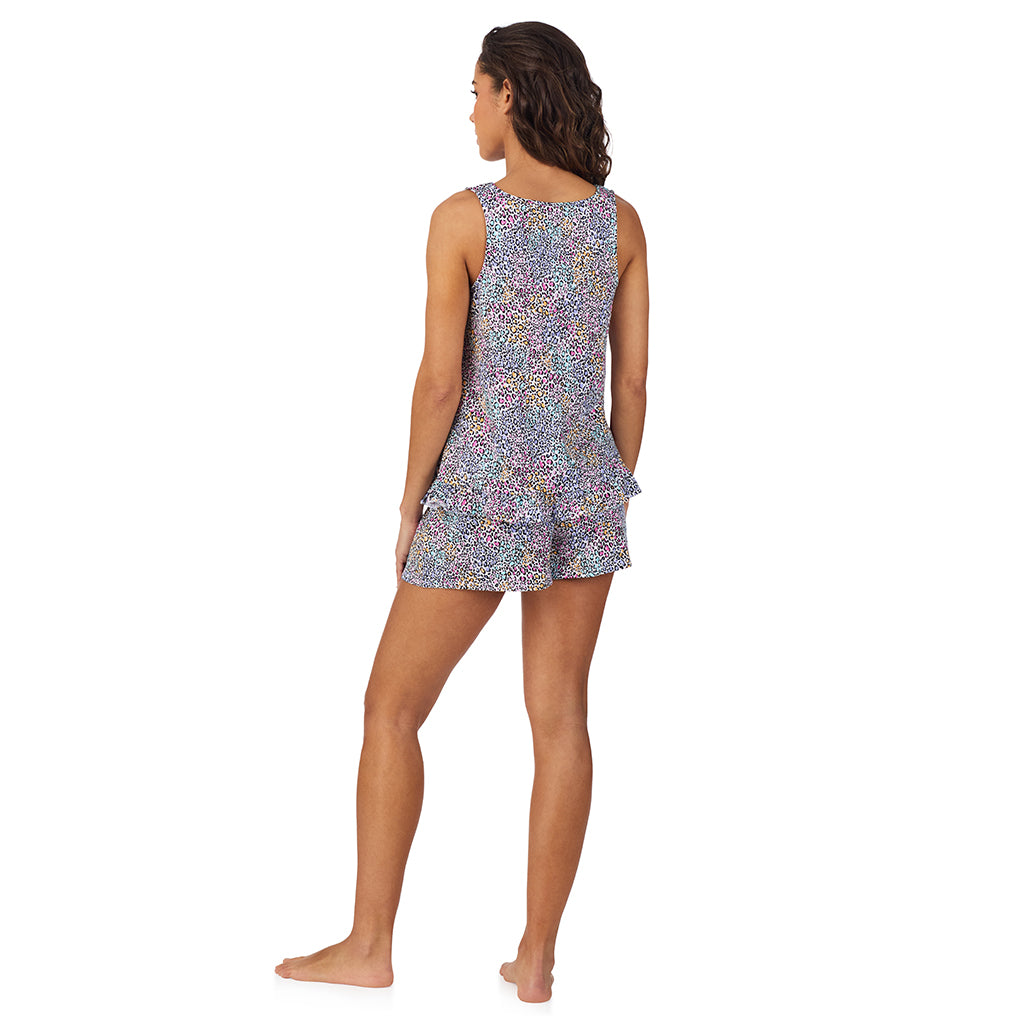 Rainbow Leopard;Model is wearing size S. She is 5’9”, Bust 34”, Waist 23”, Hips 35”.@A lady wearing Cotton-Blend Tank with Short 2-Pc Pajama Set