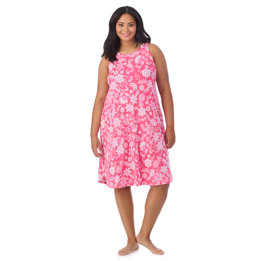 A lady wearing Cotton-Blend Sleeveless Sleep Midi-Gown in pink tropical print