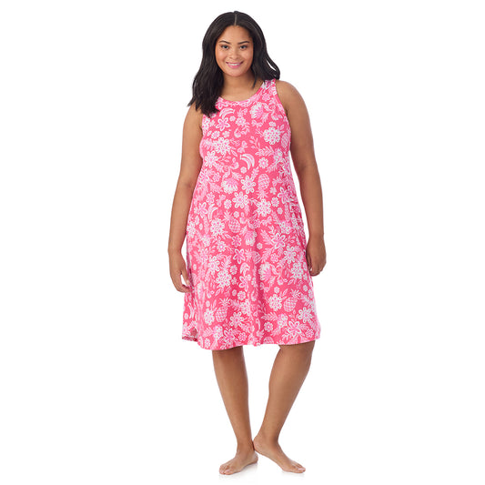 A lady wearing Cotton-Blend Sleeveless Sleep Midi-Gown in pink tropical print