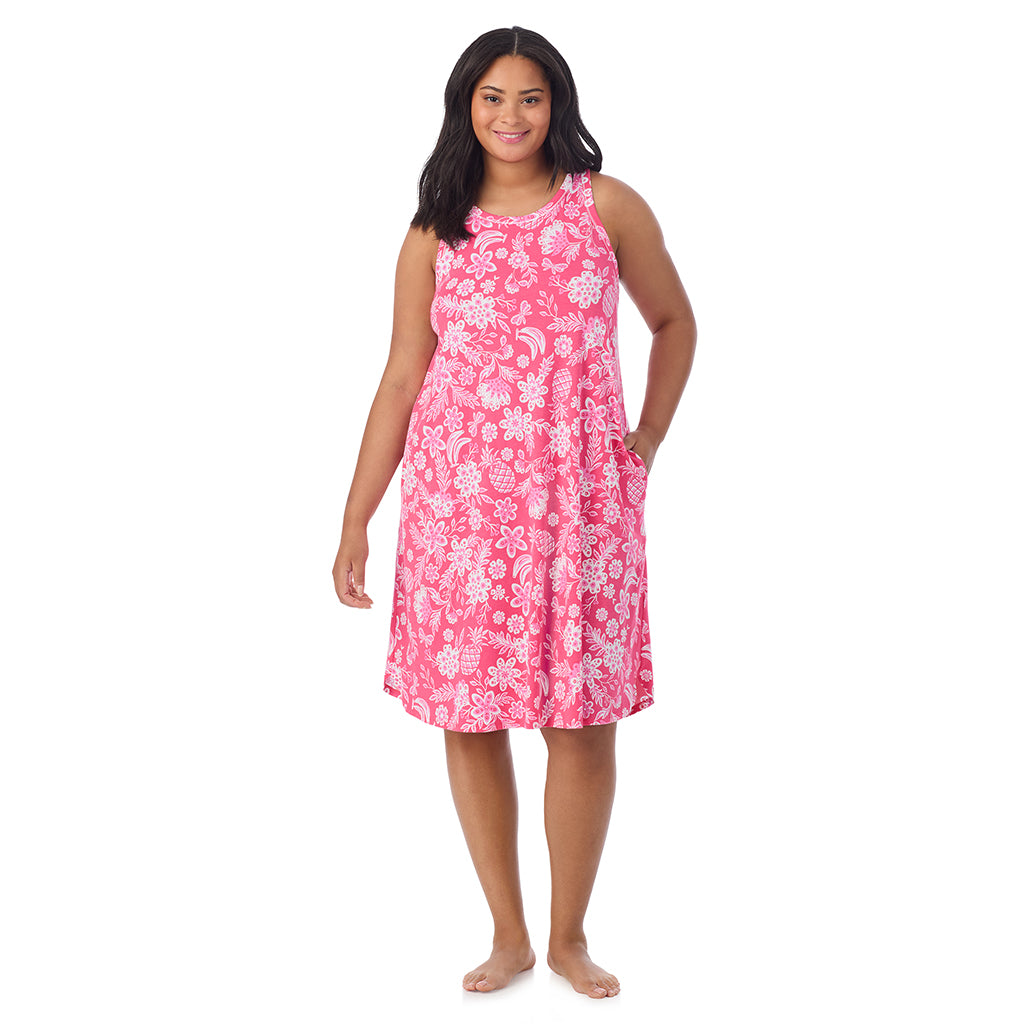 A lady wearing Cotton-Blend Sleeveless Sleep Midi-Gown in pink tropical print