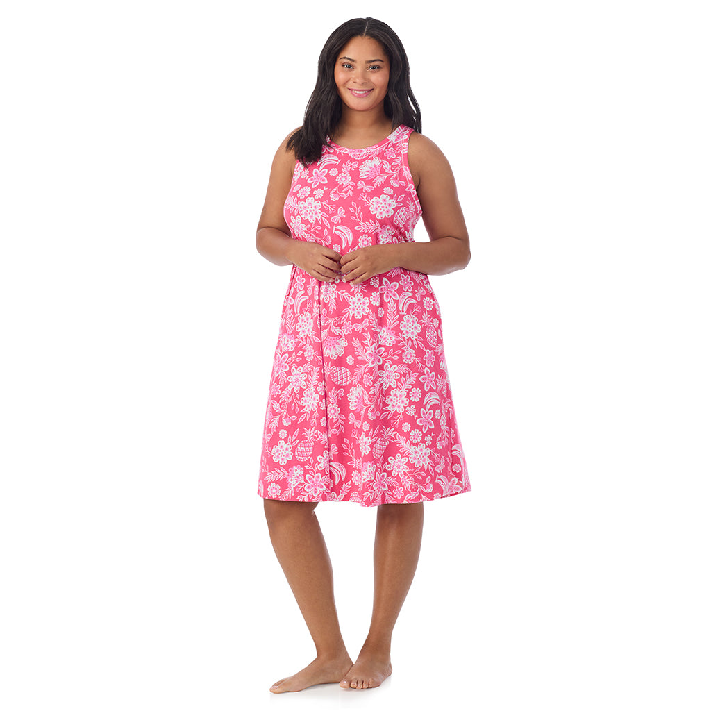A lady wearing Cotton-Blend Sleeveless Sleep Midi-Gown in pink tropical print