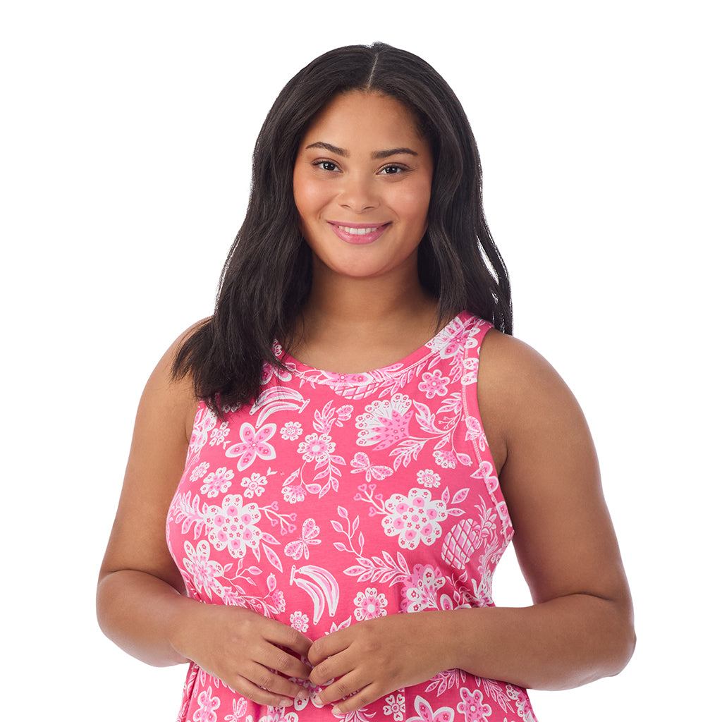 A lady wearing Cotton-Blend Sleeveless Sleep Midi-Gown in pink tropical print
