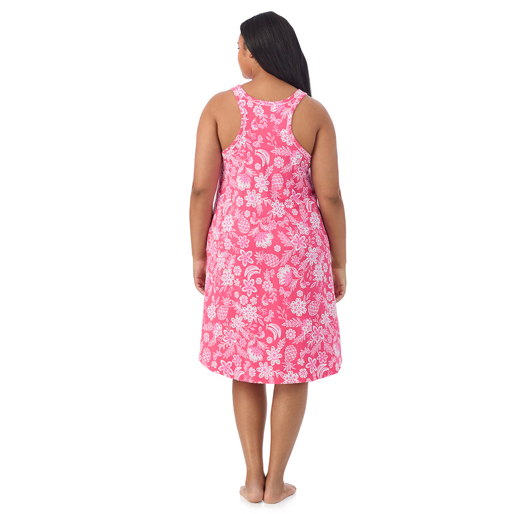 A lady wearing Cotton-Blend Sleeveless Sleep Midi-Gown in pink tropical print