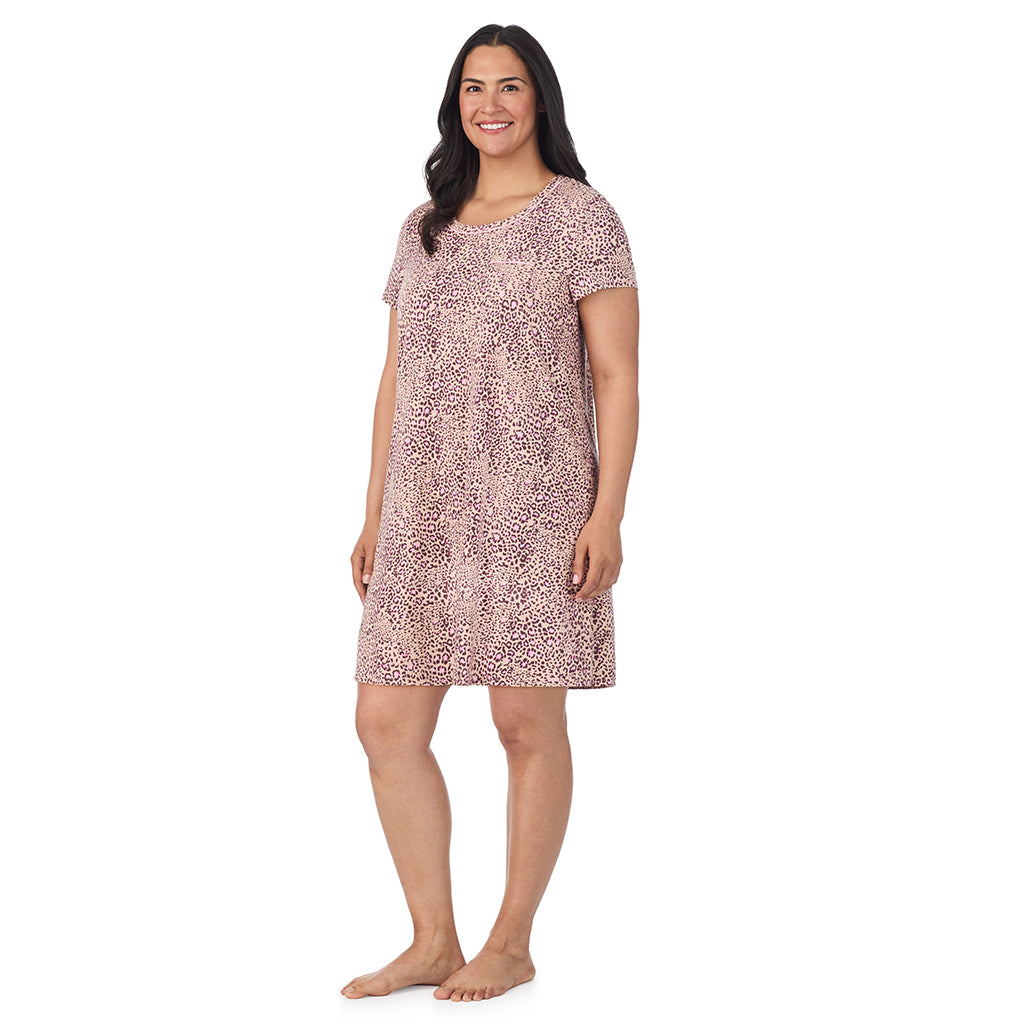 Leopard Animal; Model is wearing size 1X. She is 5'10", Bust 40", Waist 33", Hips 47".@A lady wearing a Leopard Animal Cotton Rich Short Sleeve Sleepshirt PLUS