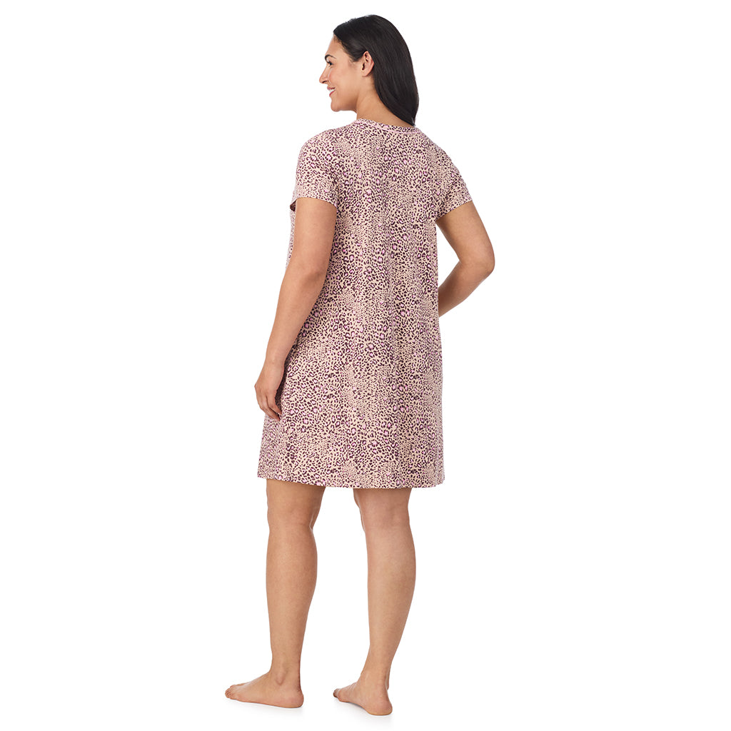 Leopard Animal; Model is wearing size 1X. She is 5'10", Bust 40", Waist 33", Hips 47".@A lady wearing a Leopard Animal Cotton Rich Short Sleeve Sleepshirt PLUS