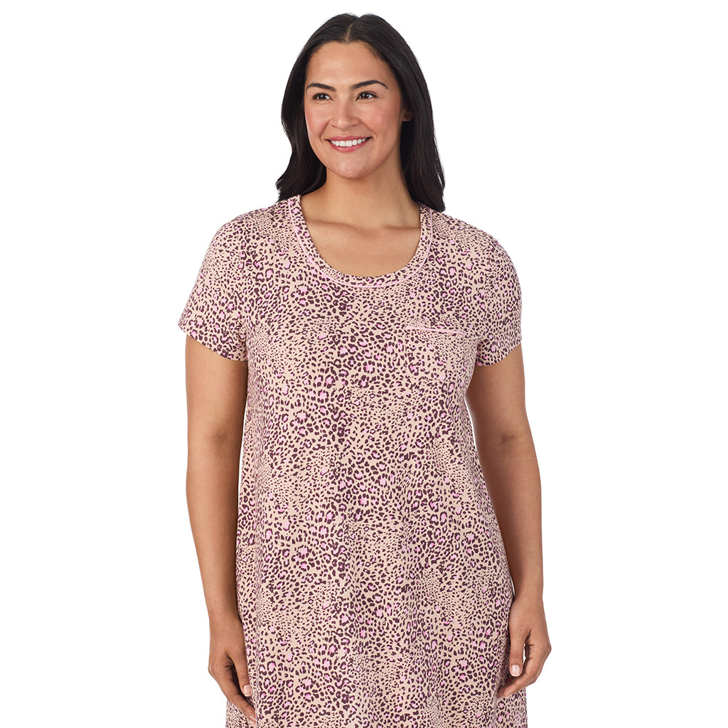 Leopard Animal; Model is wearing size 1X. She is 5'10", Bust 40", Waist 33", Hips 47".@A lady wearing a Leopard Animal Cotton Rich Short Sleeve Sleepshirt PLUS