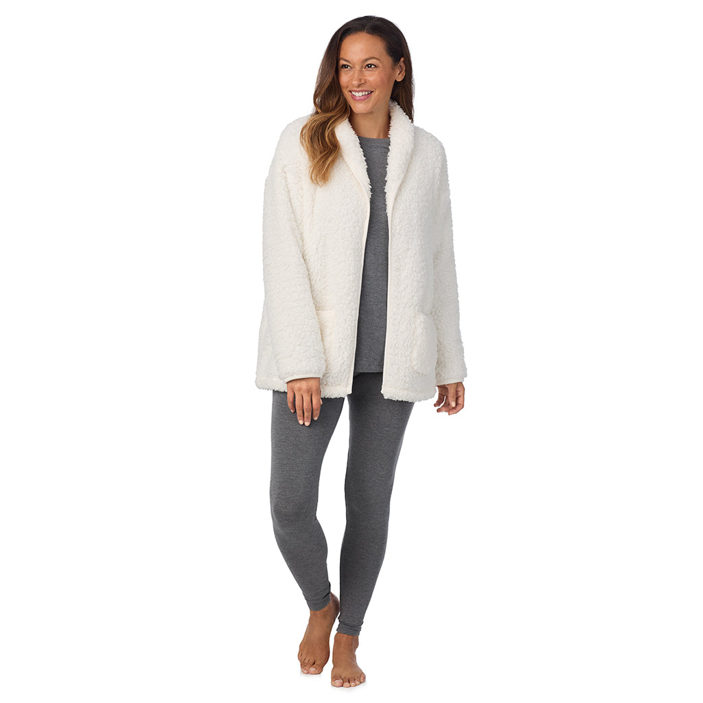 Cream; Model is wearing size S. She is 5'8", Bust 34", Waist 24.5", Hips 35".@A lady wearing Snuggle Up Sherpa Cardi