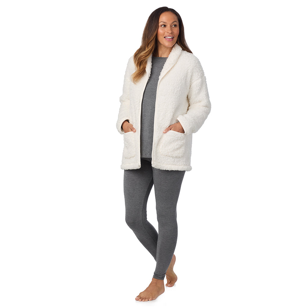 Cream; Model is wearing size S. She is 5'8", Bust 34", Waist 24.5", Hips 35".@A lady wearing Snuggle Up Sherpa Cardi