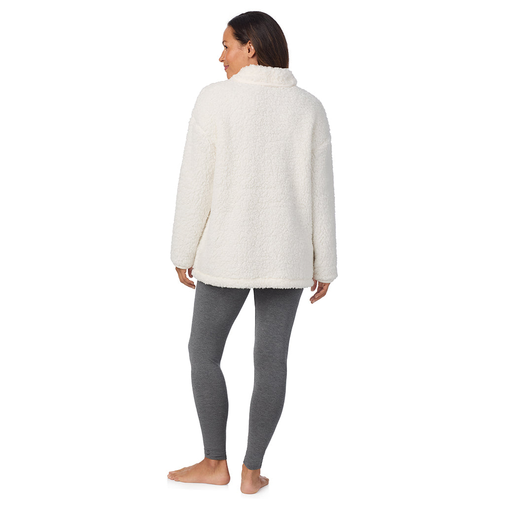 Cream; Model is wearing size S. She is 5'8", Bust 34", Waist 24.5", Hips 35".@A lady wearing Snuggle Up Sherpa Cardi