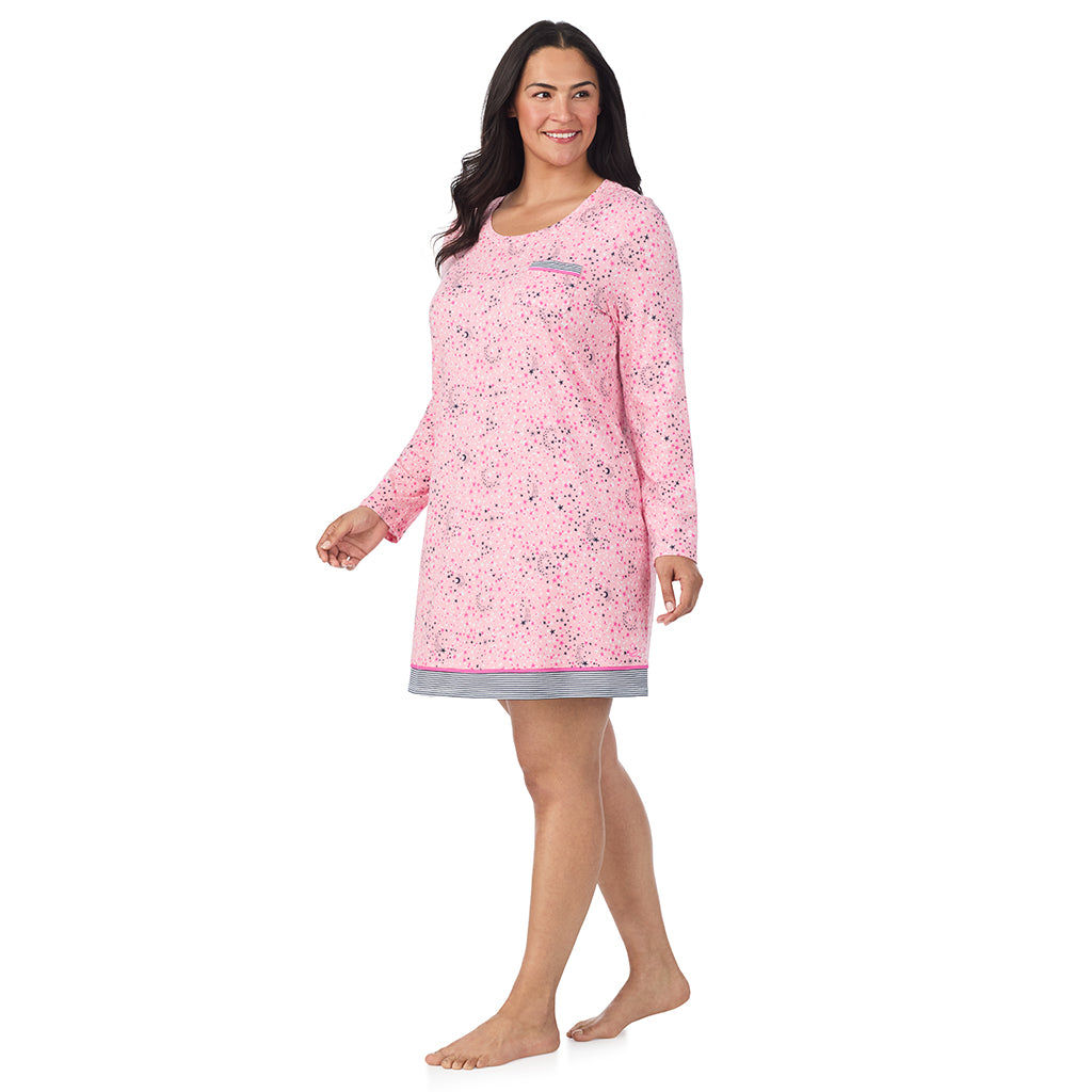 Pink Celestial; Model is wearing size 1X. She is 5'10", Bust 40", Waist 33", Hips 47".@A lady wearing a Pink Celestial Cotton Rich Long Sleeve Sleepshirt PLUS
