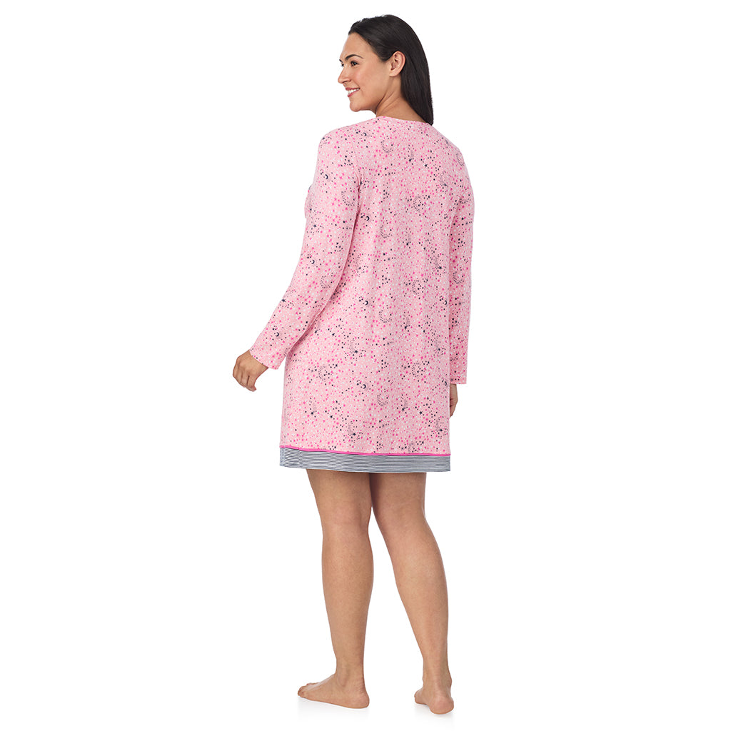 Pink Celestial; Model is wearing size 1X. She is 5'10", Bust 40", Waist 33", Hips 47".@A lady wearing a Pink Celestial Cotton Rich Long Sleeve Sleepshirt PLUS