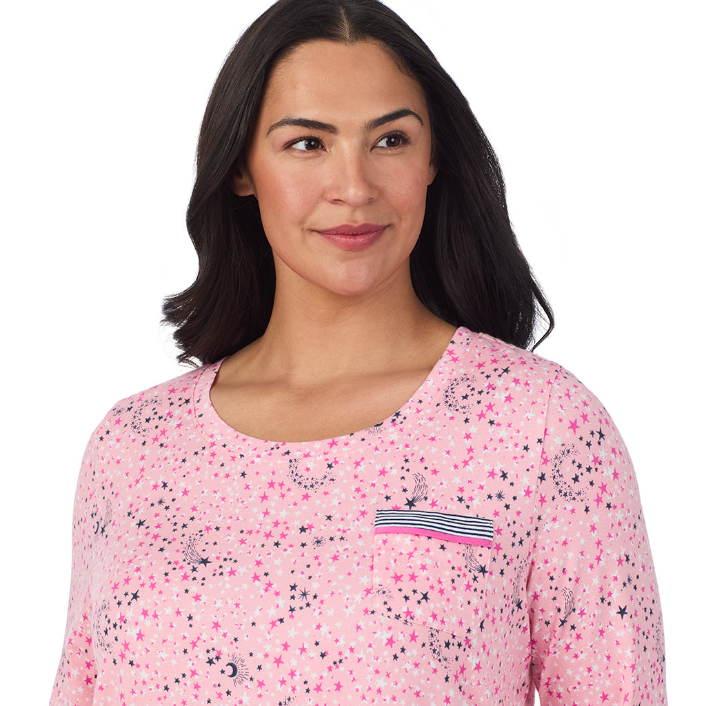 Pink Celestial; Model is wearing size 1X. She is 5'10", Bust 40", Waist 33", Hips 47".@A lady wearing a Pink Celestial Cotton Rich Long Sleeve Sleepshirt PLUS