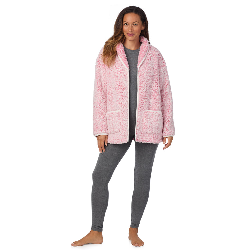 Frosted Blush; Model is wearing size S. She is 5'8", Bust 34", Waist 24.5", Hips 35".@A lady wearing Snuggle Up Sherpa Cardi