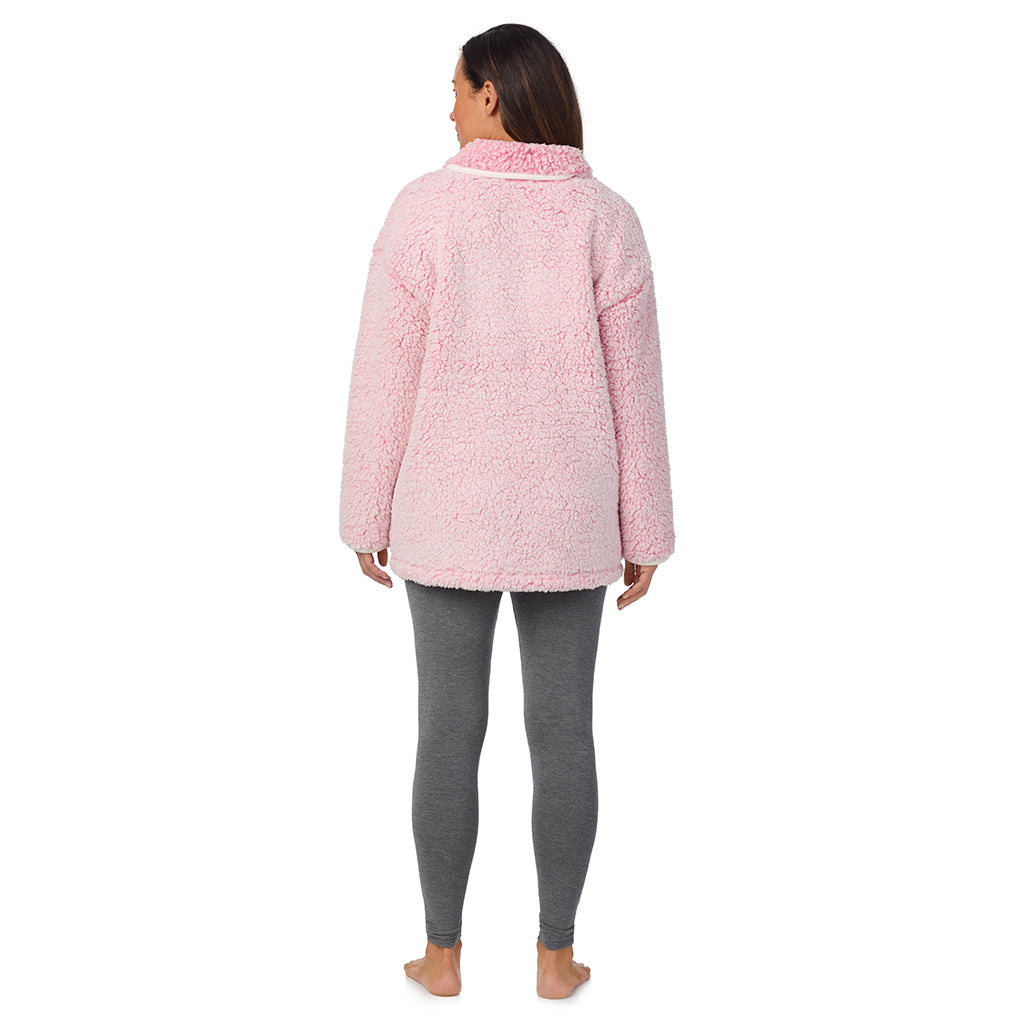 Frosted Blush; Model is wearing size S. She is 5'8", Bust 34", Waist 24.5", Hips 35".@A lady wearing Snuggle Up Sherpa Cardi
