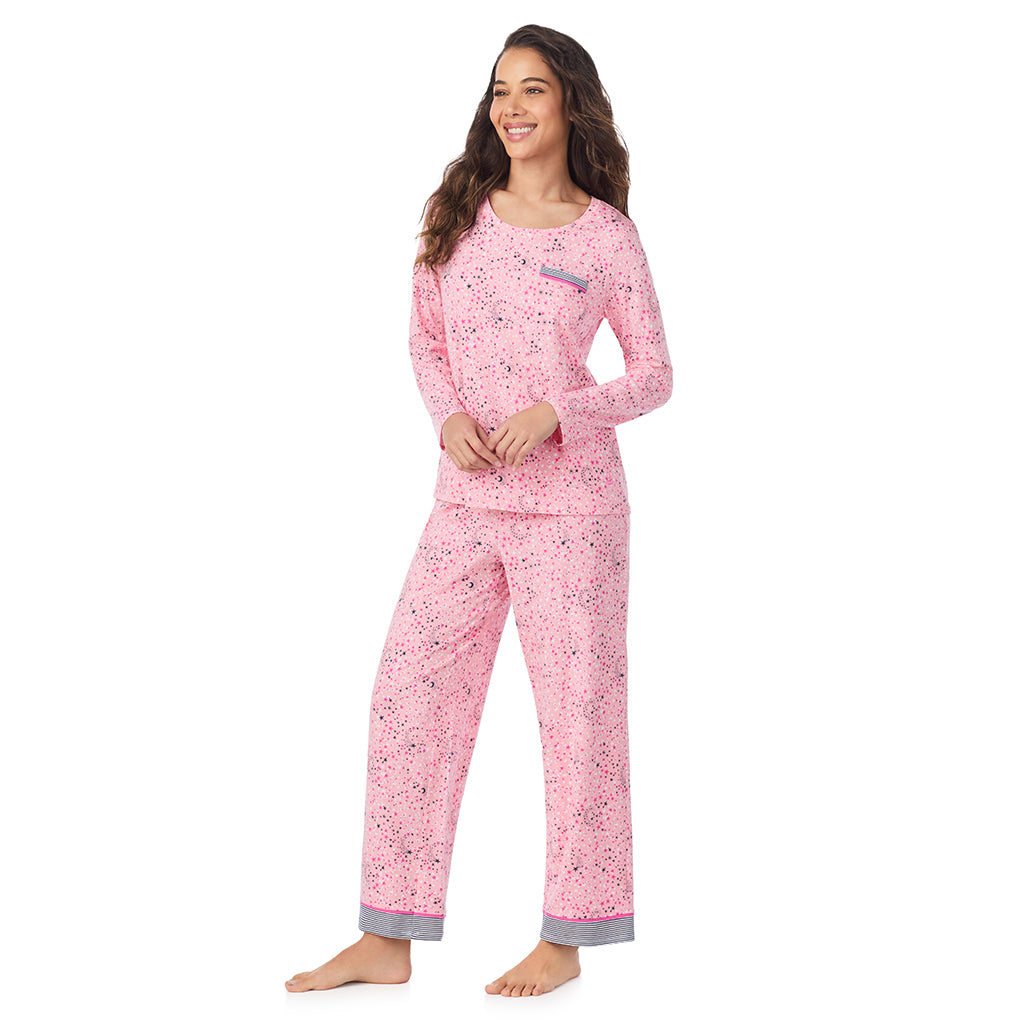 Pink Celestial; Model is wearing size S. She is 5’9”, Bust 34”, Waist 23”, Hips 35”.@A lady wearing a Pink Celestial Cotton Rich Long Sleeve Top with Pant Pajama Set