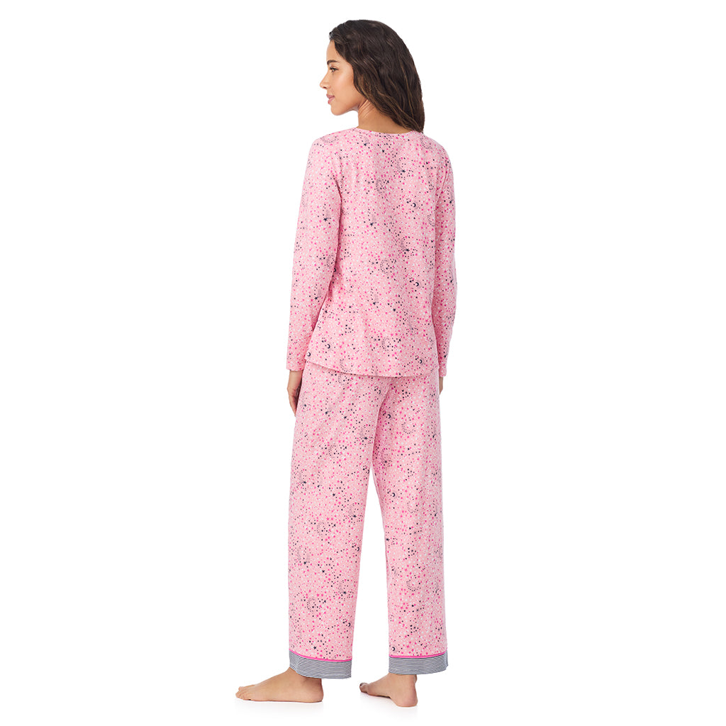 Pink Celestial; Model is wearing size S. She is 5’9”, Bust 34”, Waist 23”, Hips 35”.@A lady wearing a Pink Celestial Cotton Rich Long Sleeve Top with Pant Pajama Set