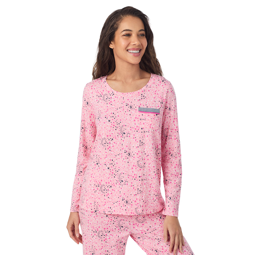 Pink Celestial; Model is wearing size S. She is 5’9”, Bust 34”, Waist 23”, Hips 35”.@A lady wearing a Pink Celestial Cotton Rich Long Sleeve Top with Pant Pajama Set