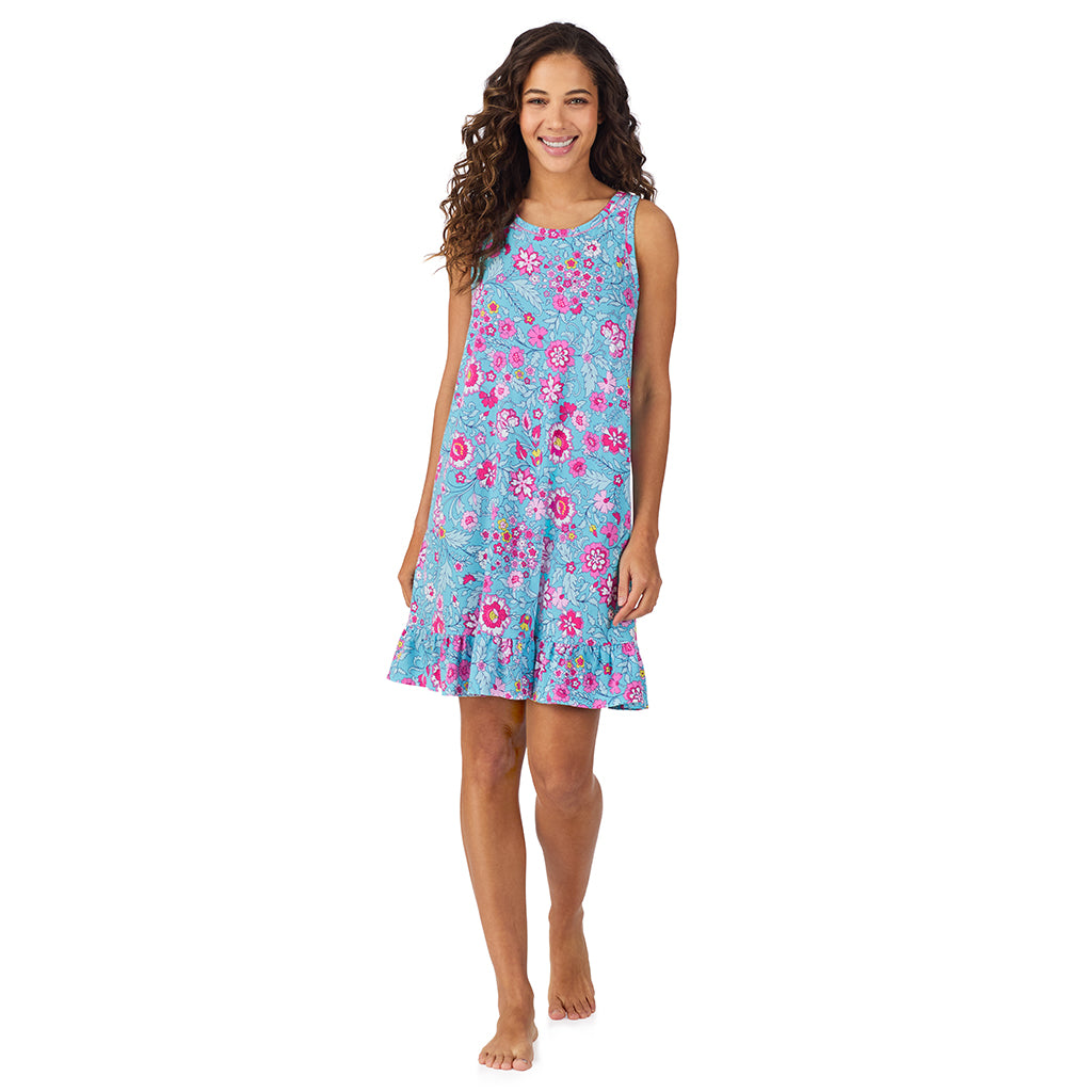 Aqua Floral;Model is wearing size S. She is 5’9”, Bust 34”, Waist 23”, Hips 35”.@A lady wearing Cotton-Blend Sleeveless Sleep Chemise