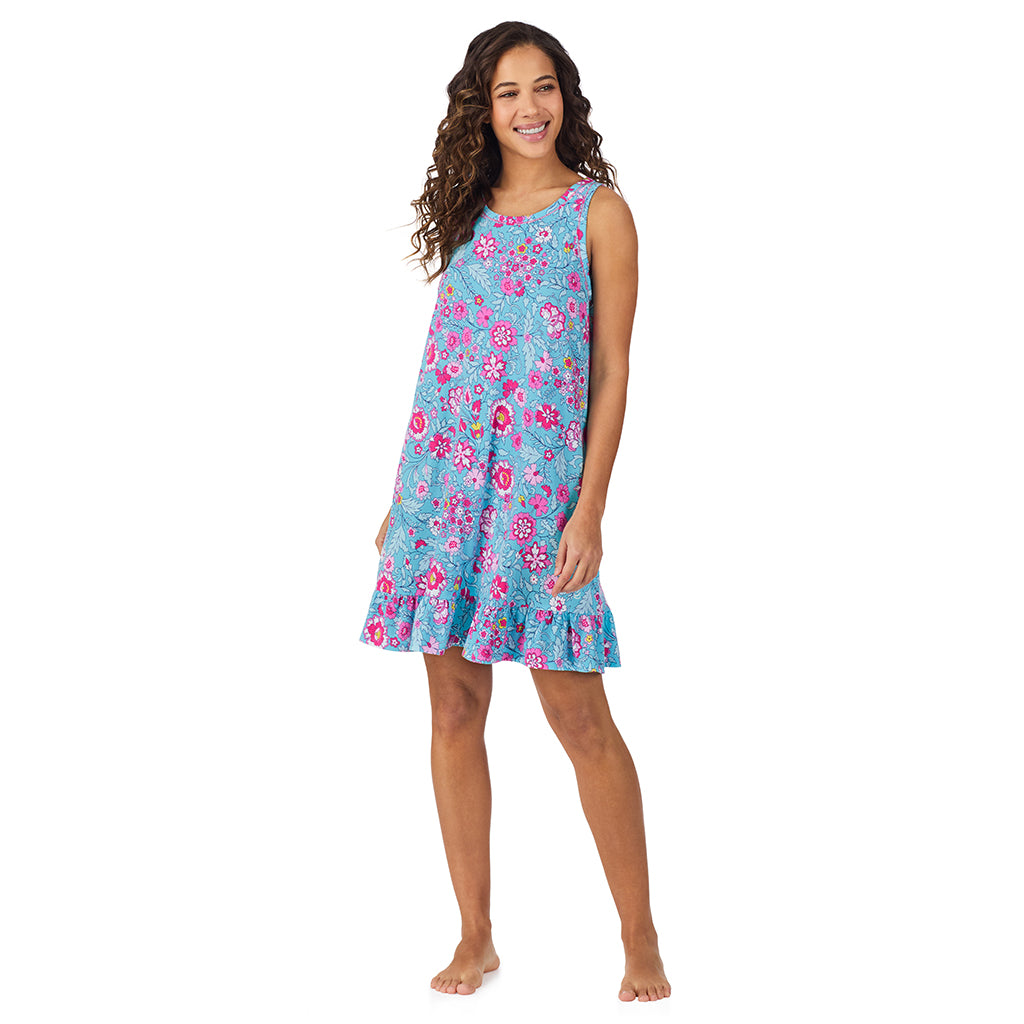 Aqua Floral;Model is wearing size S. She is 5’9”, Bust 34”, Waist 23”, Hips 35”.@A lady wearing Cotton-Blend Sleeveless Sleep Chemise