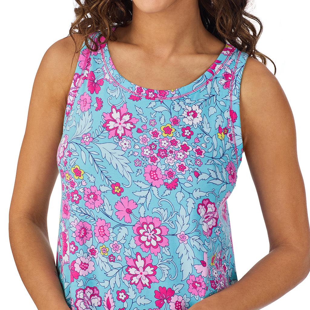 Aqua Floral;Model is wearing size S. She is 5’9”, Bust 34”, Waist 23”, Hips 35”.@A lady wearing Cotton-Blend Sleeveless Sleep Chemise