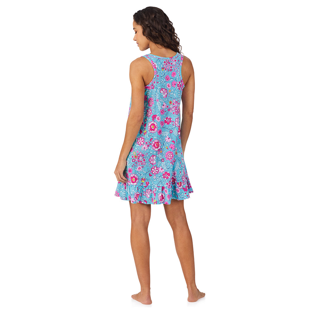 Aqua Floral;Model is wearing size S. She is 5’9”, Bust 34”, Waist 23”, Hips 35”.@A lady wearing Cotton-Blend Sleeveless Sleep Chemise