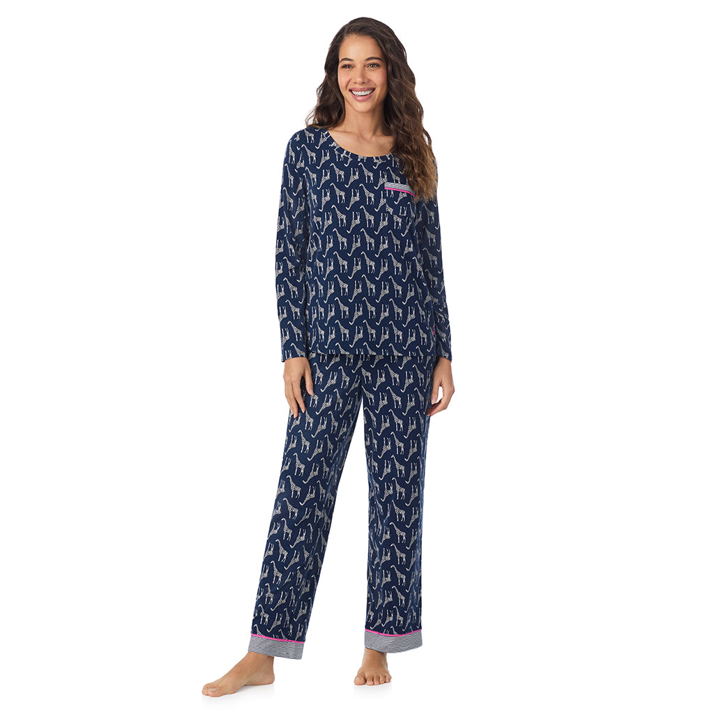 Giraffe; Model is wearing size S. She is 5’9”, Bust 34”, Waist 23”, Hips 35”.@A lady wearing a Giraffe Cotton Rich Long Sleeve Top with Pant Pajama Set