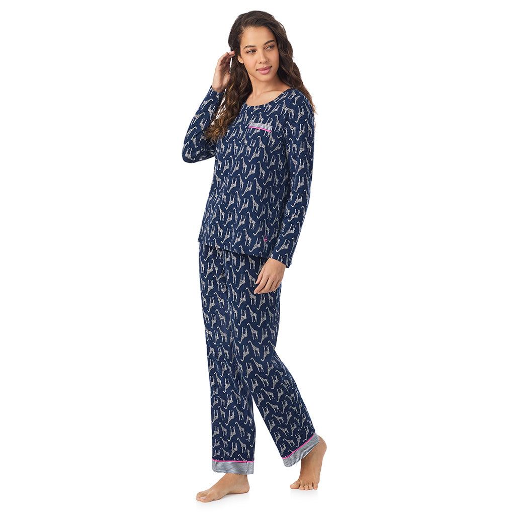 Giraffe; Model is wearing size S. She is 5’9”, Bust 34”, Waist 23”, Hips 35”.@A lady wearing a Giraffe Cotton Rich Long Sleeve Top with Pant Pajama Set