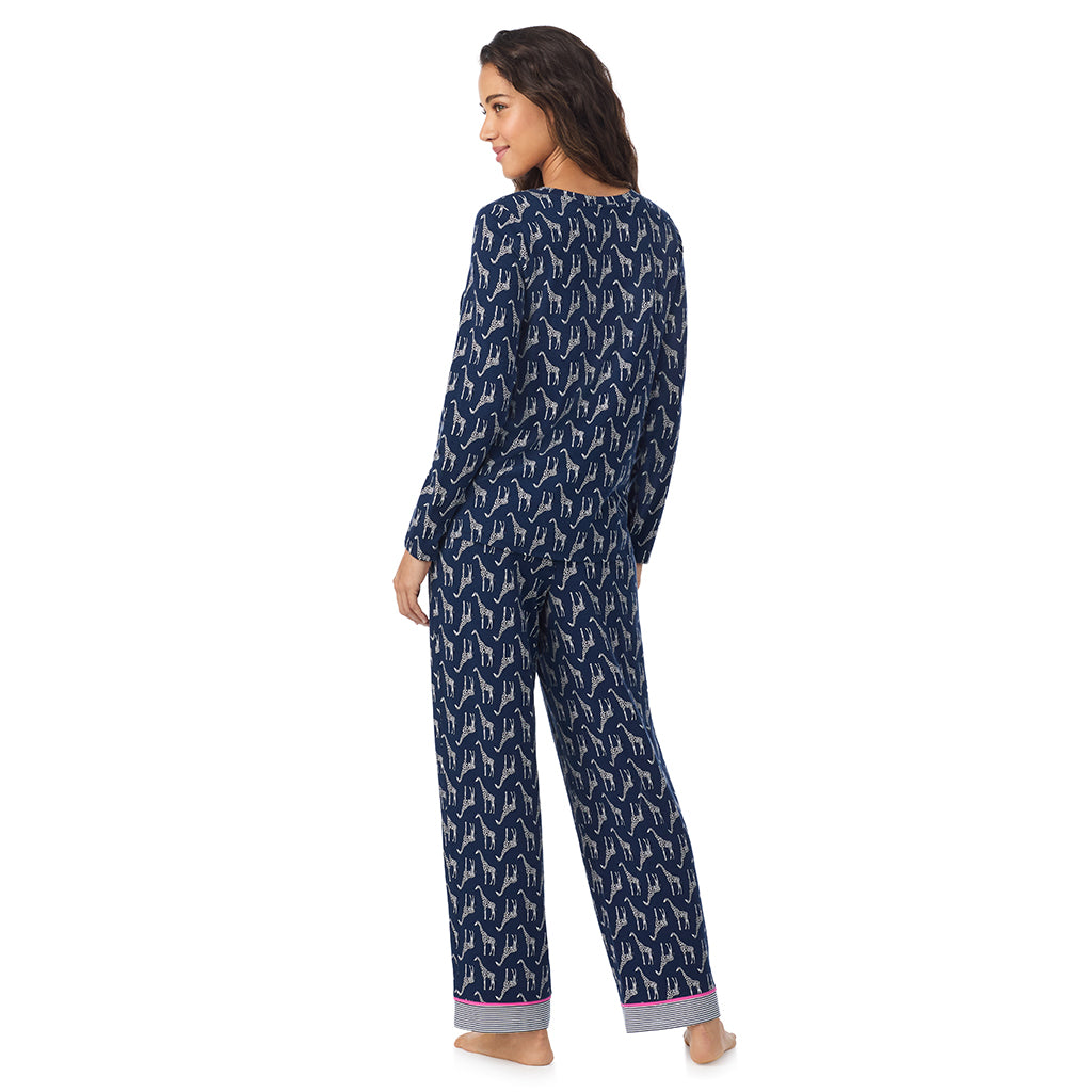 Giraffe; Model is wearing size S. She is 5’9”, Bust 34”, Waist 23”, Hips 35”.@A lady wearing a Giraffe Cotton Rich Long Sleeve Top with Pant Pajama Set
