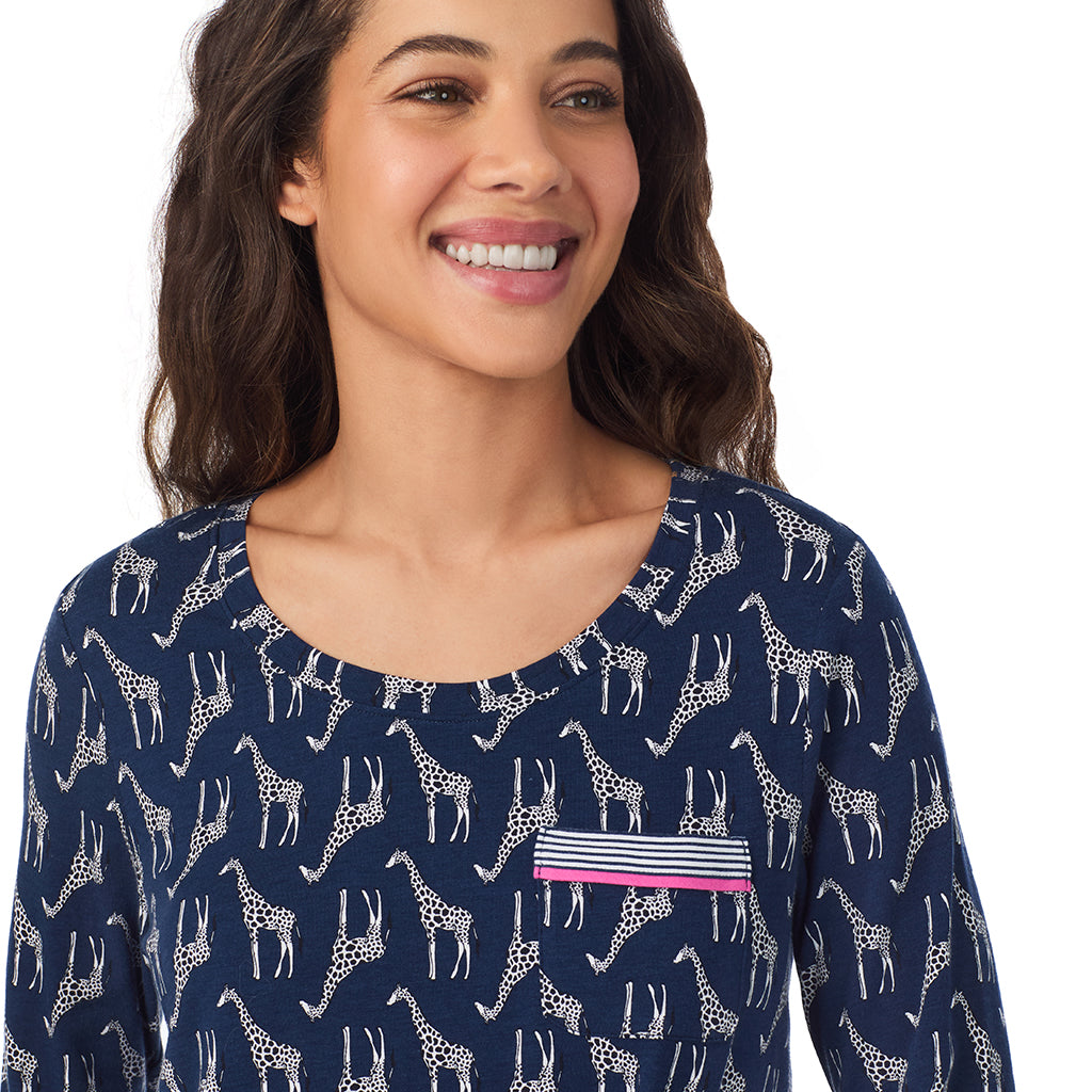 Giraffe; Model is wearing size S. She is 5’9”, Bust 34”, Waist 23”, Hips 35”.@A lady wearing a Giraffe Cotton Rich Long Sleeve Top with Pant Pajama Set