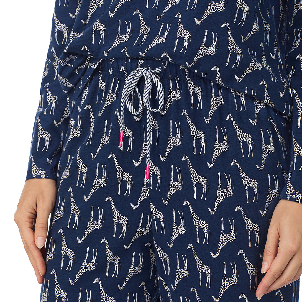 Giraffe; Model is wearing size S. She is 5’9”, Bust 34”, Waist 23”, Hips 35”.@A lady wearing a Giraffe Cotton Rich Long Sleeve Top with Pant Pajama Set