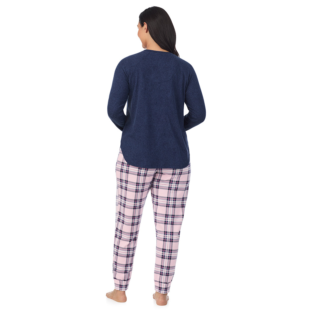 Pink Plaid with Bow; Model is wearing size 1X. She is 5'10", Bust 40", Waist 33", Hips 47".@A lady wearing a Pink Plaid with Bow Brushed Sweater Knit Long Sleeve Pajama Set PLUS