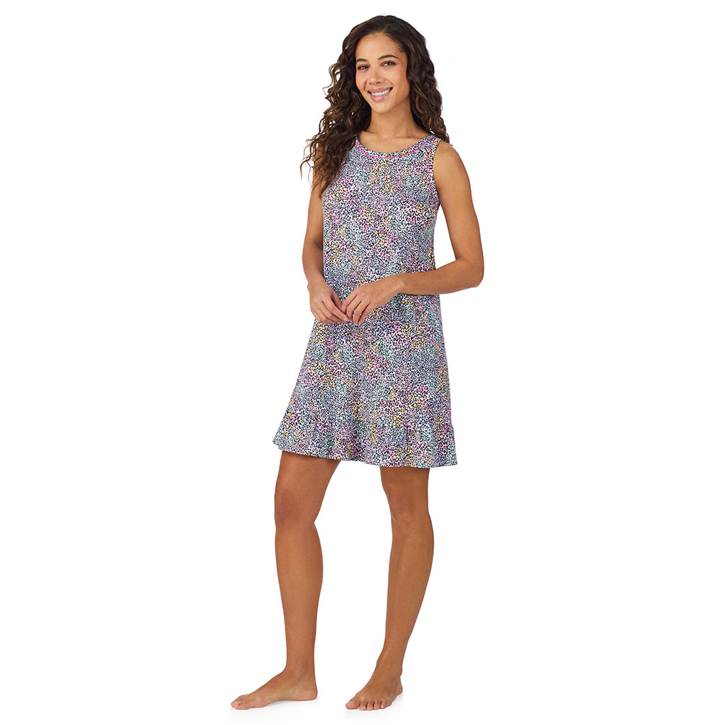 Rainbow Leopard;Model is wearing size S. She is 5’9”, Bust 34”, Waist 23”, Hips 35”.@A lady wearing Cotton-Blend Sleeveless Sleep Chemise