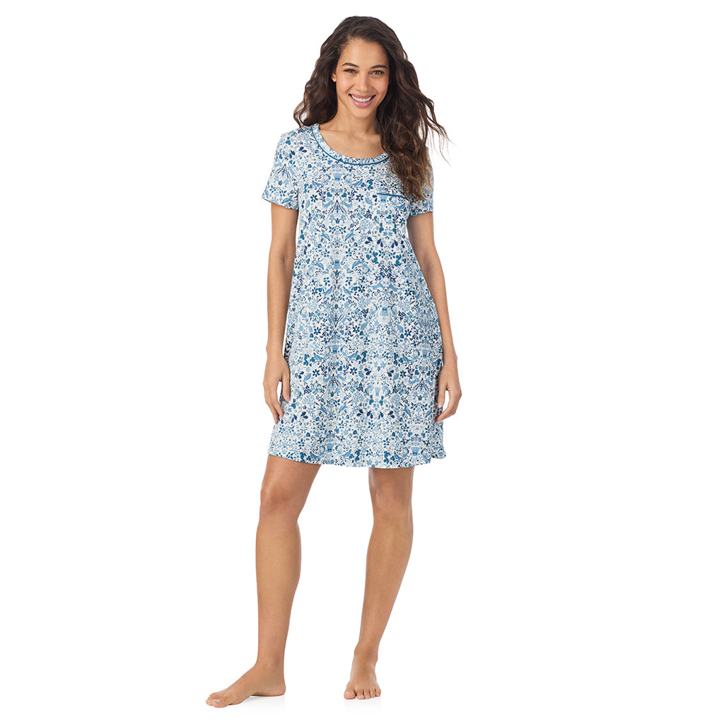 Blue Woodland; Model is wearing size S. She is 5’9”, Bust 34”, Waist 23”, Hips 35”..@A lady wearing a Woodland Cotton Rich Short Sleeve Sleepshirt